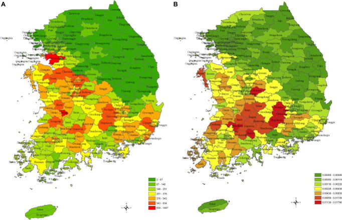 Objective: This study analyzes the spatial distribution of scrub typhus in Korea. Methods: A spatial distribution of Orientia tsutsugamushi occurrence using a geographic information system (GIS) is presented, and analyzed by means of spatial clusteri