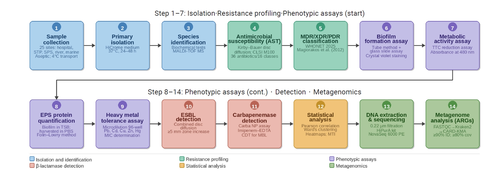 Objectives: This study characterized multidrug-resistant (MDR) bacteria in sewage, river, and marine ecosystems in South Gujarat, India. Methods: Water samples were collected from 25 hospital drainage, sewage treatment/pumping, Tapi River, and coasta