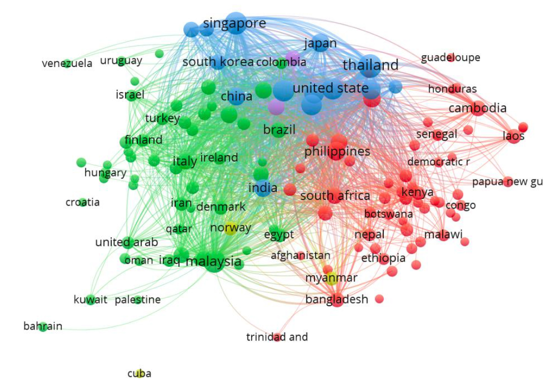 Country collaboration mapping of publications by authors from the Association of Southeast Asian Nations region.