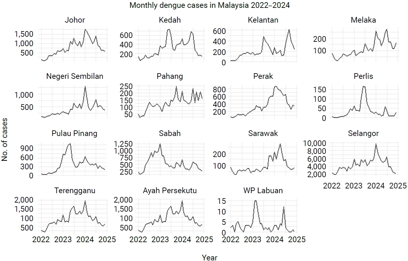 Monthly dengue cases for every state in Malaysia between 2022 and 2024.