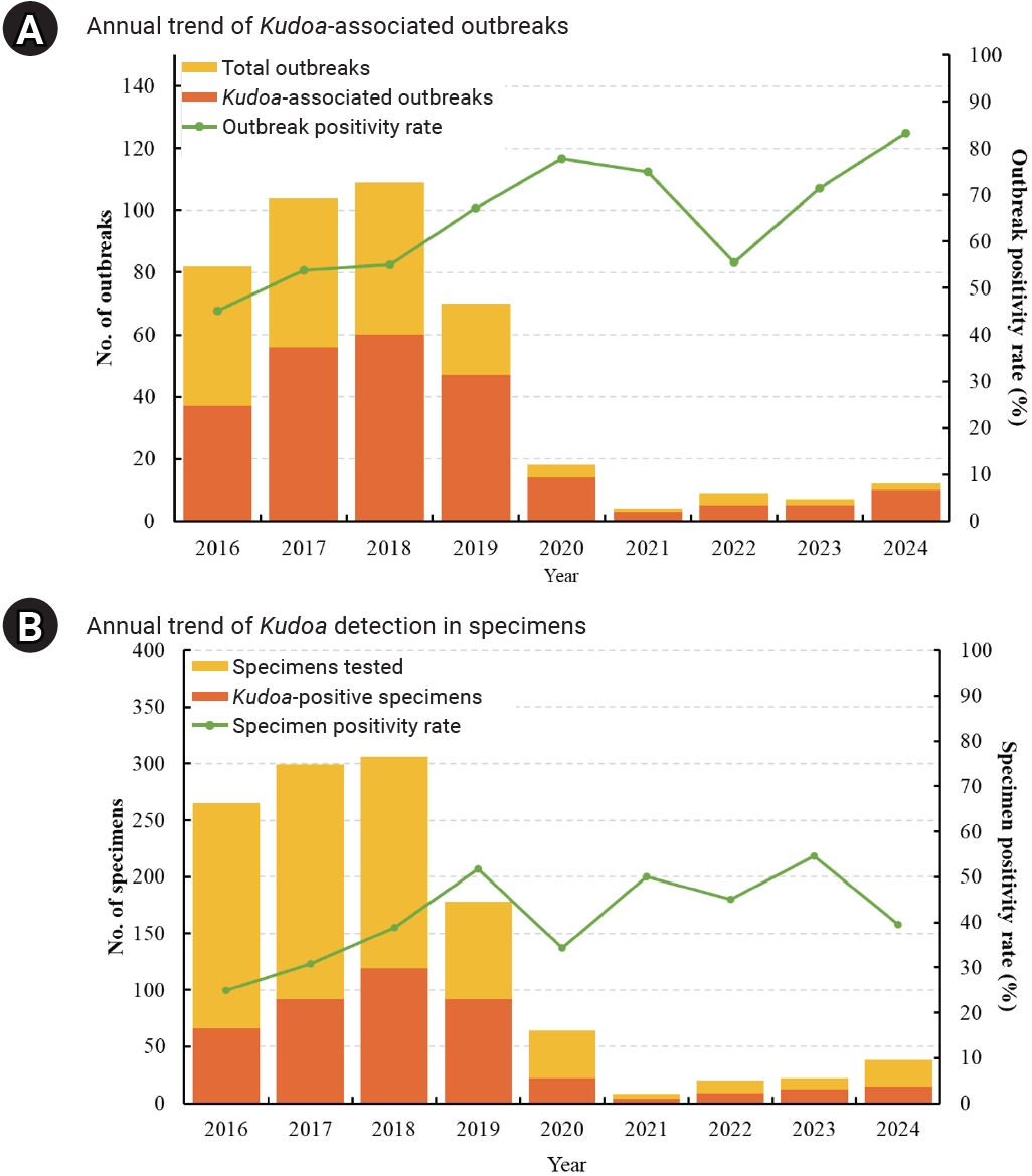 Epidemiological trends in Kudoa septempunctata-associated foodborne outbreaks and clinical-specimen testing in the Republic of Korea, 2016–2024. (A) Annual trends in Kudoa-associated outbreaks. The bars represent the total number of suspected outbrea