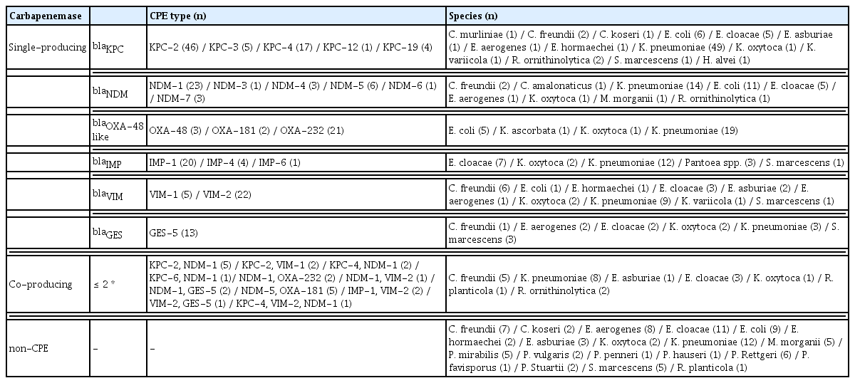 
Distribution of CPE types and species by carbapenemase gene.