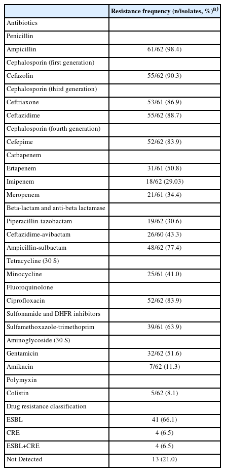 Resistance pattern of Klebsiella pneumoniae clinical isolates by BD antibiotic susceptibility method (n=62)